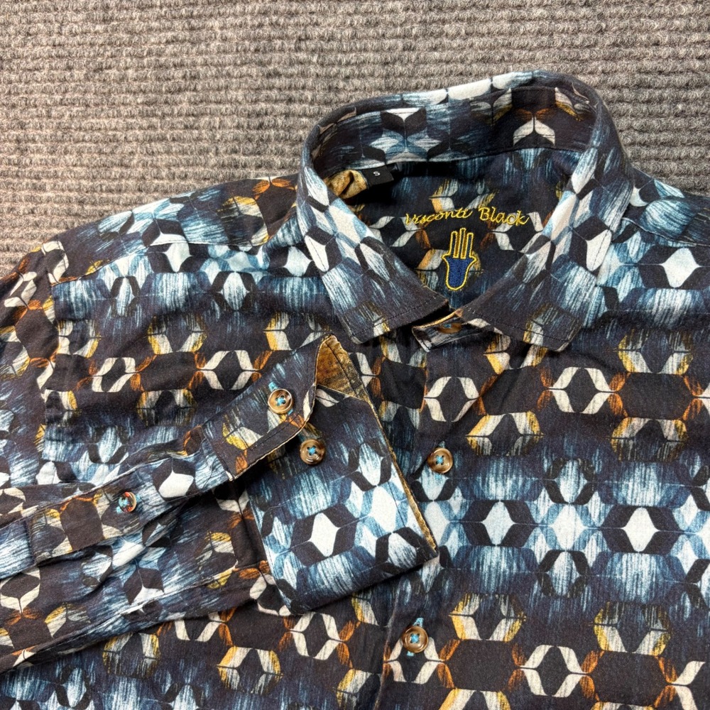 Luchiano Visconti Black Mens Small Geometric Abstract Print Button up Shirt Blue